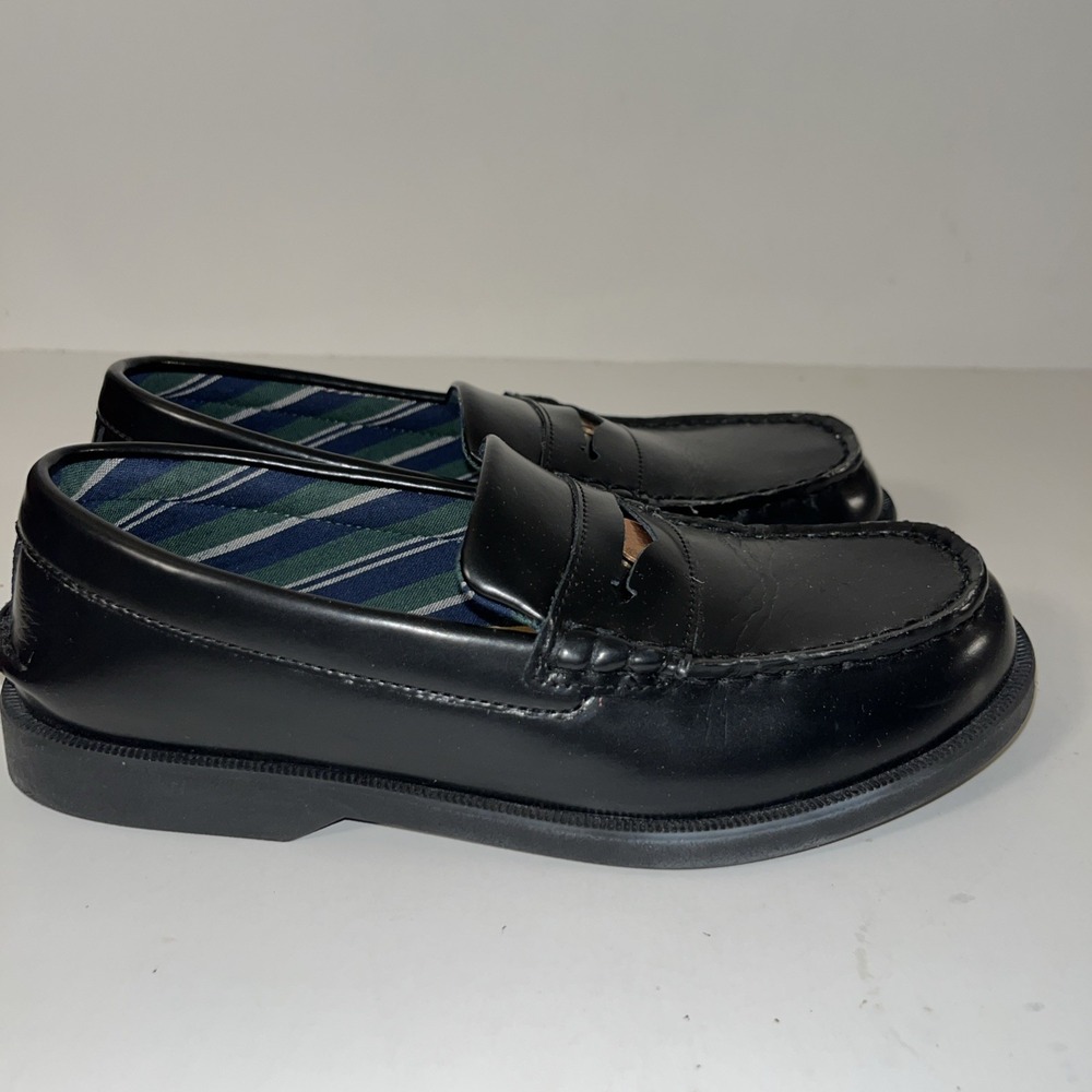 Kids Y-1 Sperry Colton Plushwave Loafers Black Leather Top-Sider Shoes Size 4M